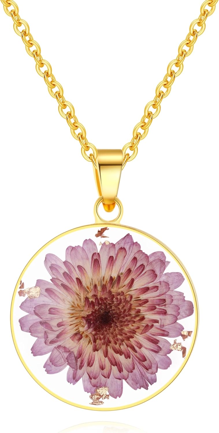 AUNTESIGN Store Forget-Me-Not and Queen Anne's Lace Pressed Wildflower Necklace | Birth Month Real Flower Necklace | Gold/Silver Pressed Flower Jewelry | Personalized Handmade Jewelry - Image 1